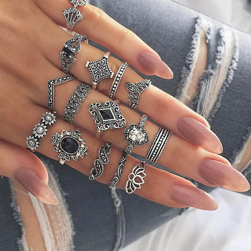 Бохо акриловый набор серебряных колец для женщин круглые женские кольца на пальцы фаланги индивидуальность девушка себе ювелирные изделия - Цвет основного камня: ME19061805