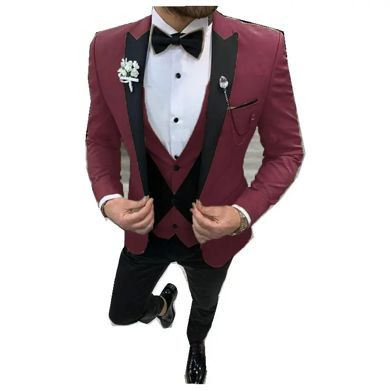 

2021 Burgundy Men Wedding Party Suits 3 Pieces Set Male Blazer Pants Vest Fashion Slim Fit Groom Tuxedos For Wedding Best Man