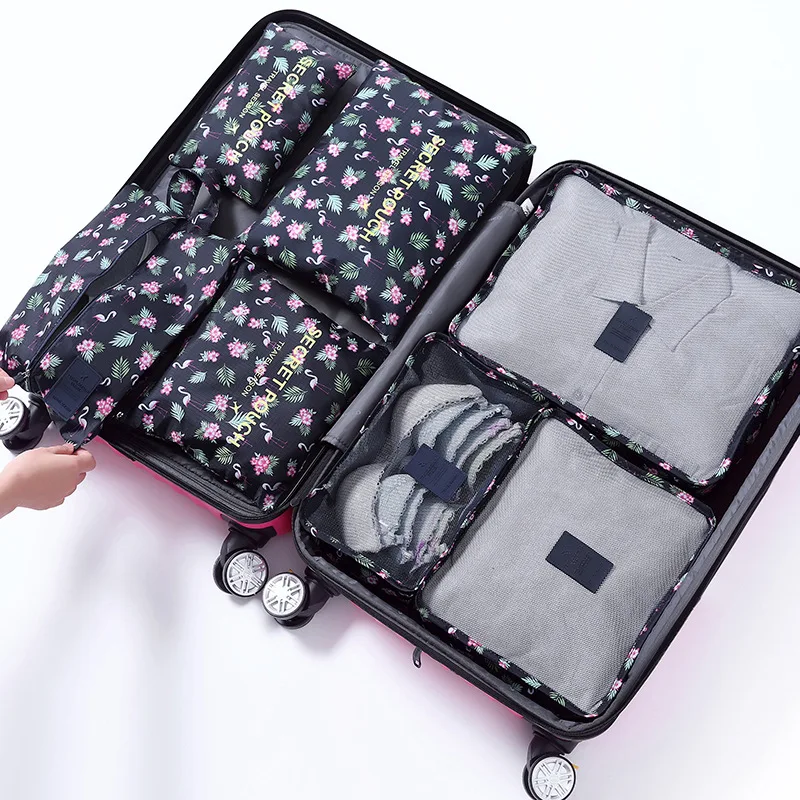 Hot Fashion Travel Waterproof Clothes Storage bags Luggage Pouch Packing Cube Solid Portable Organizer 7 pcs/set - Цвет: Flamingo