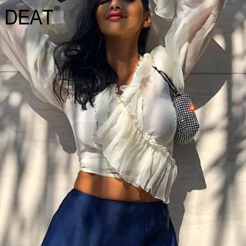 DEAT 2020 new V-neck full sleeves flare ruffles drawstring chiffon see throw shirt female blouse WK21900L |
