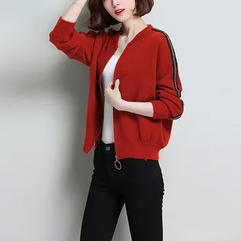 

new casual knitwear Women Spring Autumn Long Sleeve Stand Collar Zip-Up solid color Knitted sweater tops Cardigan Knitting Coat