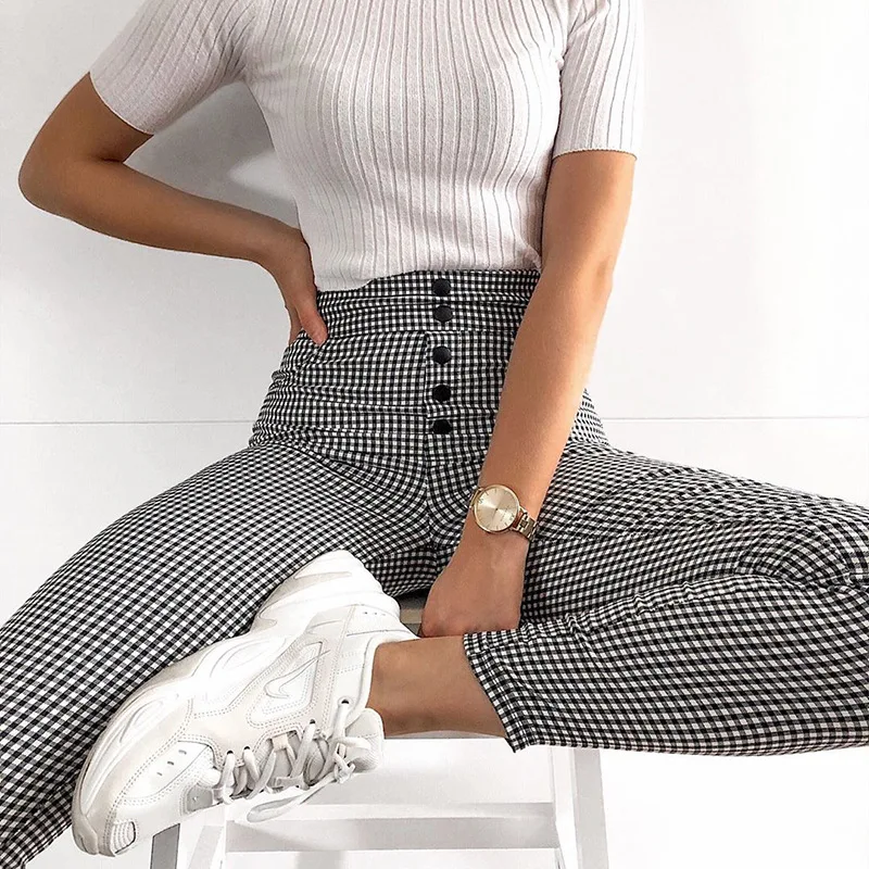 

Plaid High Waist Pants Women Autumn Fall Button Checkered Sweatpants Leggings Pencil Pants Streetwear Push Up Skinny F96068