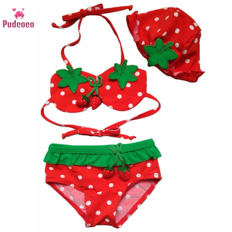 Traje de baño de fresas para niña, bikini con sombrero, 3 uds.