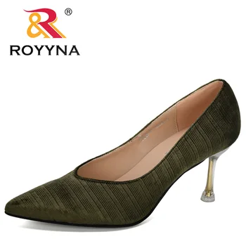 

ROYYNA 2019 New Designers High Heels Shoes Women Solid Flock Shallow Female Office Shoes Pointed Toe Fashion Women Pumps Trendy