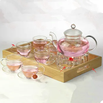 

8pcs/set Transparent Glass Teapot Set Crystal Warm Keeping Holder Saucer Handle Glass Cup Set