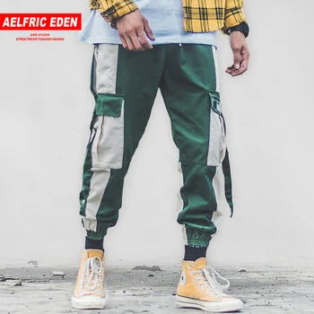 

Color Block Patchwork Pockets Harem Cargo Pants Men Harajuku Hip Hop Ribbon Male Trousers Casual Streetwear Joggers