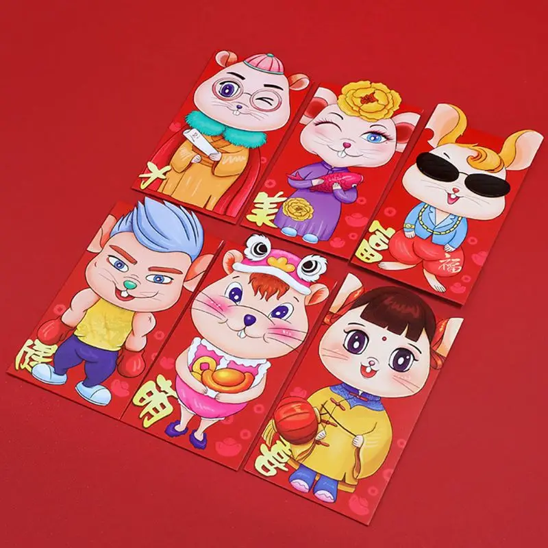 6pcs/set Chinese New Year Red Money Envelope Year of the Rat Cartoon Packet Bag High Quality and Brand New