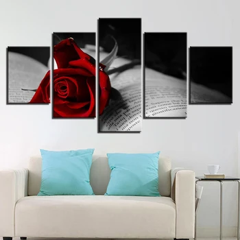 

Modern Printing Pictures Decor Living Room Wall 5 Pieces Red Rose Flower And Book Canvas Painting Modular Posters Framework Art