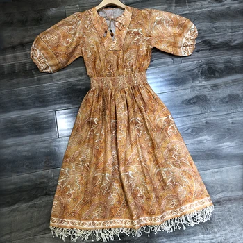 

20 Autumn New Retro Print Lantern Sleeve Linen Vacation Beach Mid-length Dress