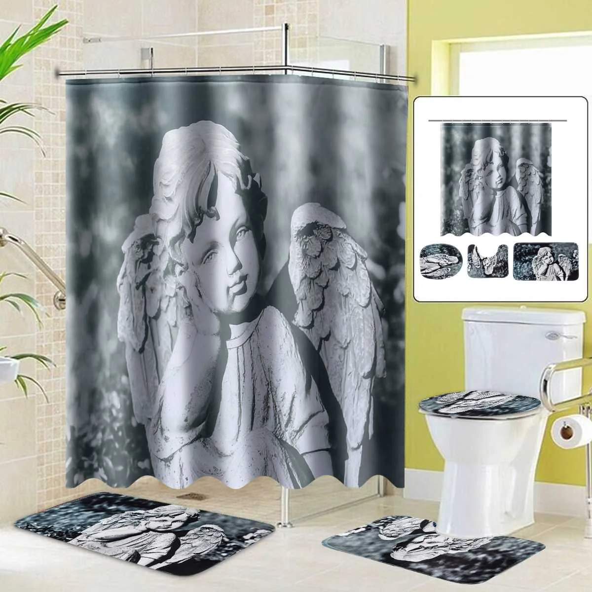 4 Pcs Home Bathroom Bath Mat Set Anti Slip Rugs Toilet Lid Cover Shower Curtain 