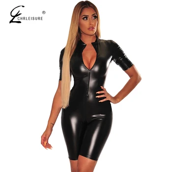 

CHRLEISURE Sexy Zipper PU Leather Women Rompers Fashion V-Neck Short Sleeve Women's Jumpsuit Nightclub Style Woman's Clothes