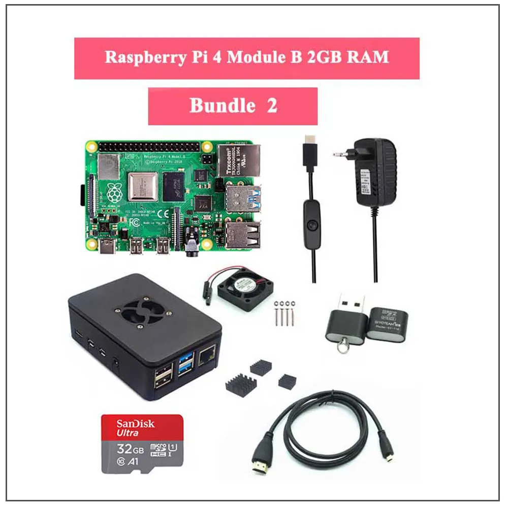 Raspberry Pi 4 Model B 2/4GB RAM + Case + Fan + Heat Sink + Power Adapter + 32/64 GB SD Card +HDMI-compatible Cable for RPI 4B