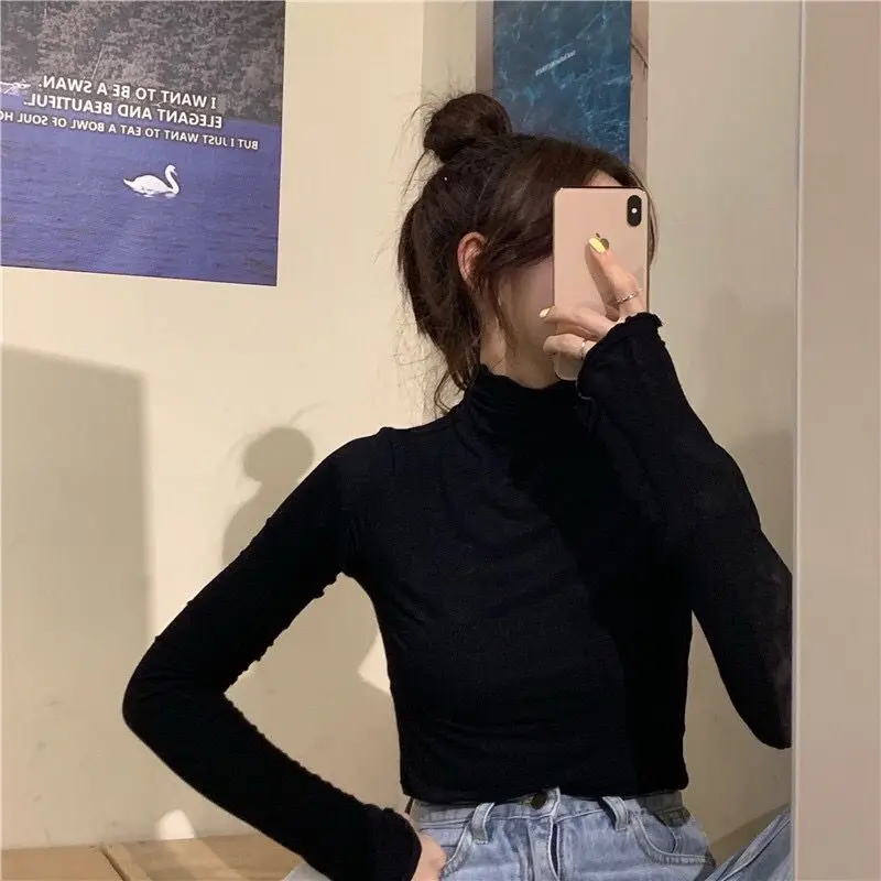 Long Sleeve T-shirts Women Solid Simple Basic All-match Korean Trendy Womens Tops Daily Soft Autumn Popular Ladies Clothing Tee