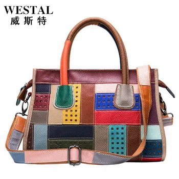 

Fashion contrast handbag top genuine leather Shoulder bag WESTAL brand Fashion stitching New women bolsa free shipping