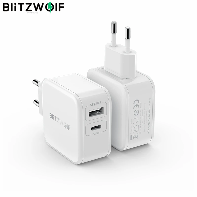 BlitzWolf 30 Вт Type C мобильный телефон зарядное устройство PD/QC3.0 + 2.4A двойной USB быстрое зарядное устройство ЕС адаптер для iPhone 11 PRO XR для iPad бел…