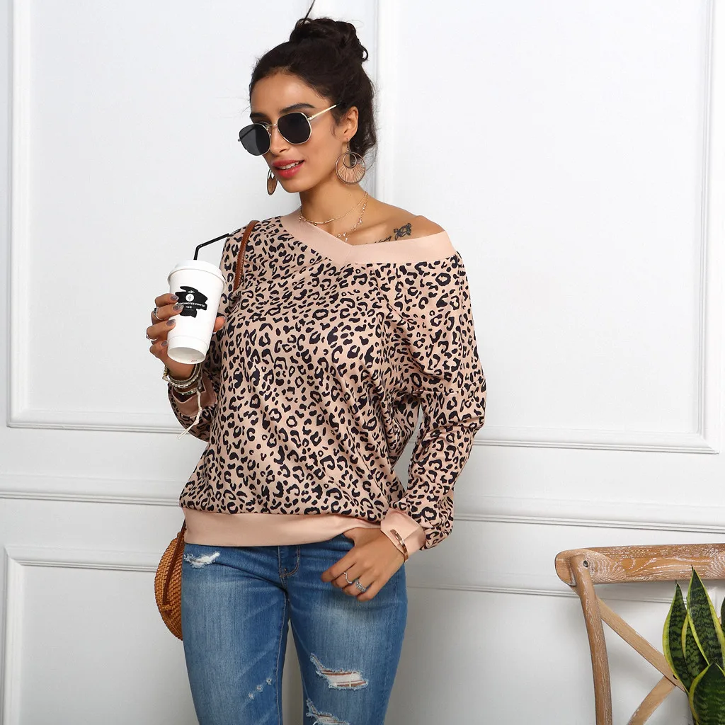 Khaki Блузка 2019Top Новая мода для женщин V шеи Леопардовый принт дамы длинный рукав пуловер Топы Блузка для женщин Camisas Mujer - Цвет: Khaki