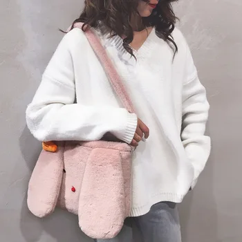 

Winter Soft Faux Fur Rabbit Ears Bag For Girl Purse And Handbag Children Shoulder Bag Animal Kid Small Square Bag For Girls 2019