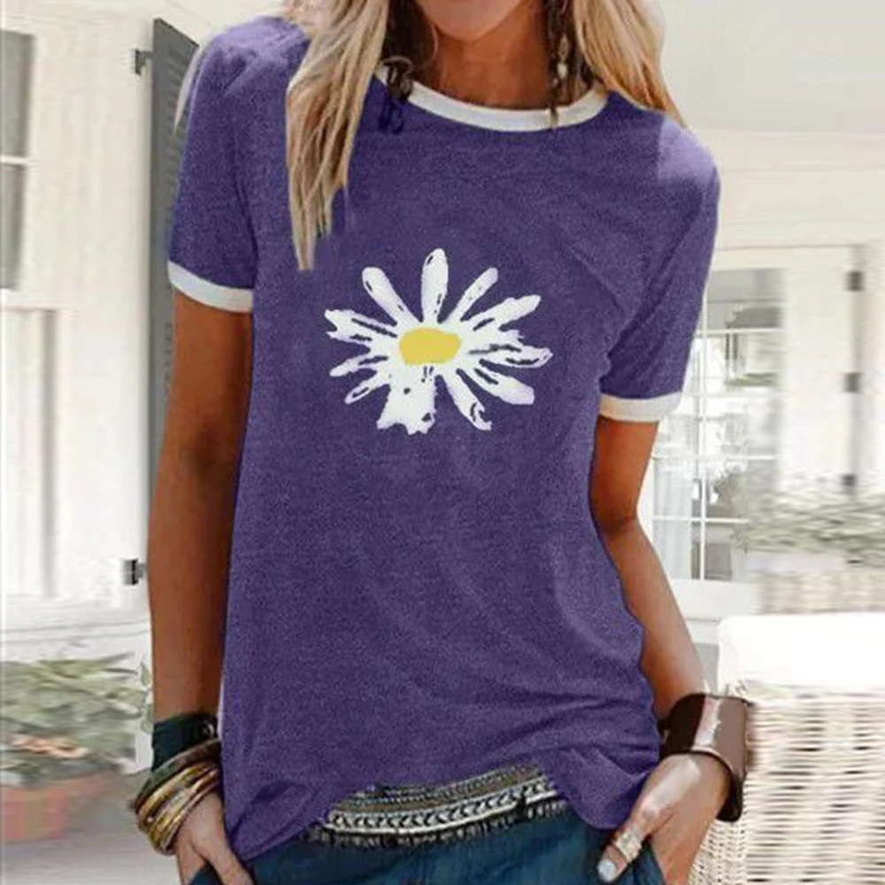 CYSINCOS Women Flower T-shirts Lady Fashion Short Sleeve Clothes Summer Shirt Top Tee O Neck Female Ladies Womens Tee T-Shirt