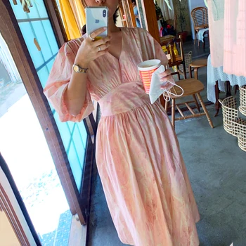 

YAMDI summer half lantern sleeve woman a-line 2020 new korean elegant vintage midi dress women party dresses lady print vestidos