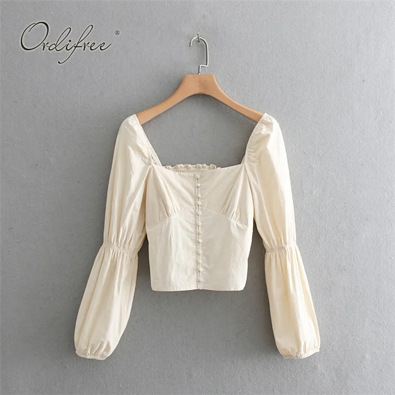 

Ordifree 2019 Summer Vintage Women Blouse Shirt Single Breasted Short Female Blouse Sexy Top