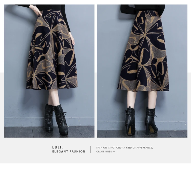New Autumn Winter Plus Size Robe Elegant Office Wear Vintage Korean Women Skirts High Waist Bandage Wool Print Skirts FW105