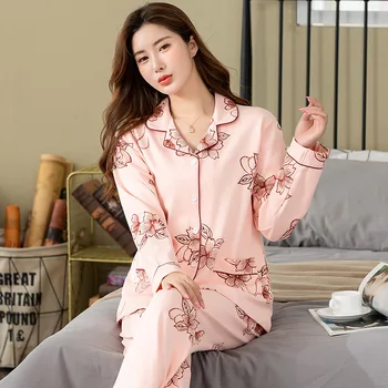 

2020 New Long Sleeve Cotton Women Pajamas Set Women Spring Autumn Print Sleepwear Suit Loungewear Women Oversize 4XL