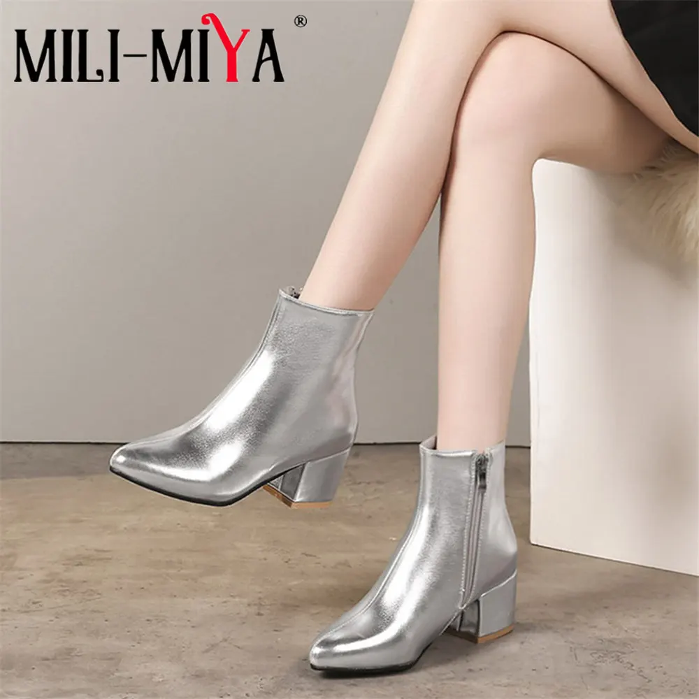 MILI-MIYA Fashion Women Shining Golden Ankle Boots Winter Zipper Pointed Toe Thick Heel Silver Party Plus Size High Heels Shoes | Обувь