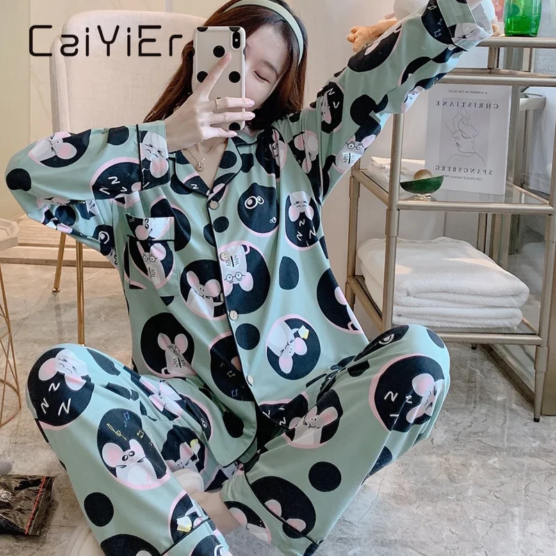 

CAIYIER Lovely Mouse Print Women Pajamas Set Cartoon Ladies Lounge Wear Autumn Winter Long Sleeve Nightgown Casual Pyjamas Pijam