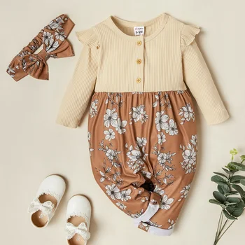 

PatPat 2020 New Arrival Autumn and Spring 2-piece Baby Floral Ruffled Jumpsuit with Headband Baby Girl Clothes