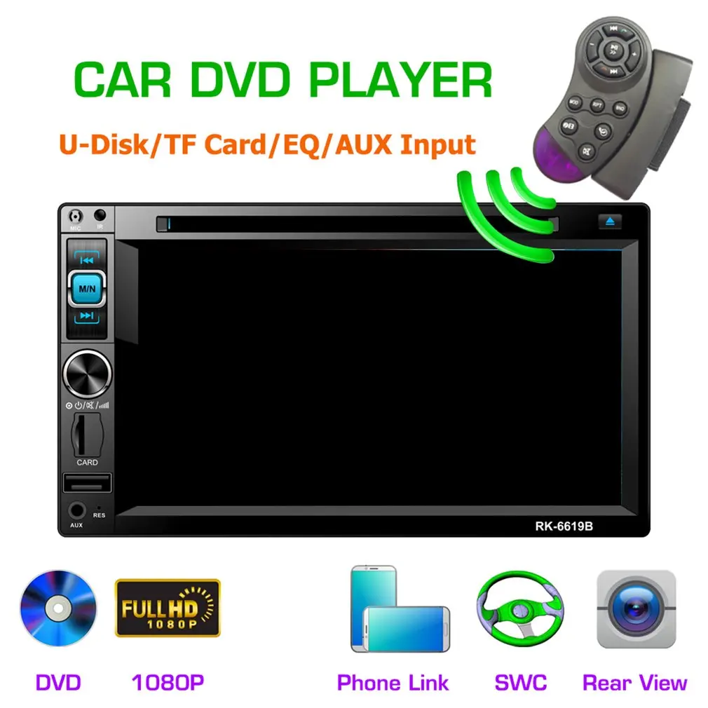 Универсальный DC12V Full HD1080P 6,2-дюймовый RK-6619B 2DIN автомобильный мультимедийный CD dvd-плеер управление рулем fm-радио Bluetooth
