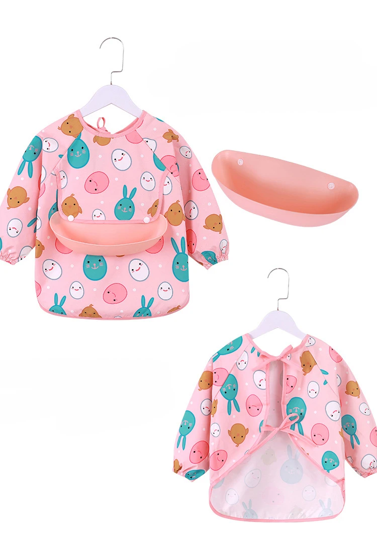 Removable Pocket Infant Eating  Long Sleeve Apron Drawing Bandana Bibs Cartoon Waterproof Baby Self Feeding Bib slabbertjes baby cheap baby accessories	