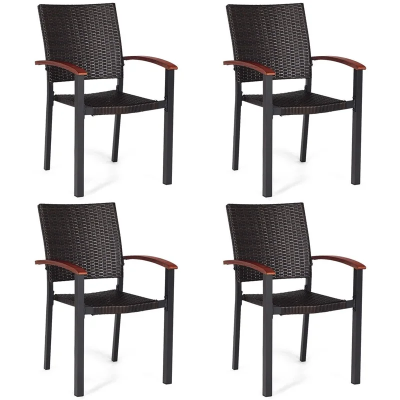 

4 Pcs Patio Rattan Dining Chairs Armchair Stackable Wicker Aluminum Tube Comfortable Wood Armrest Stacked Design Chair HW59991