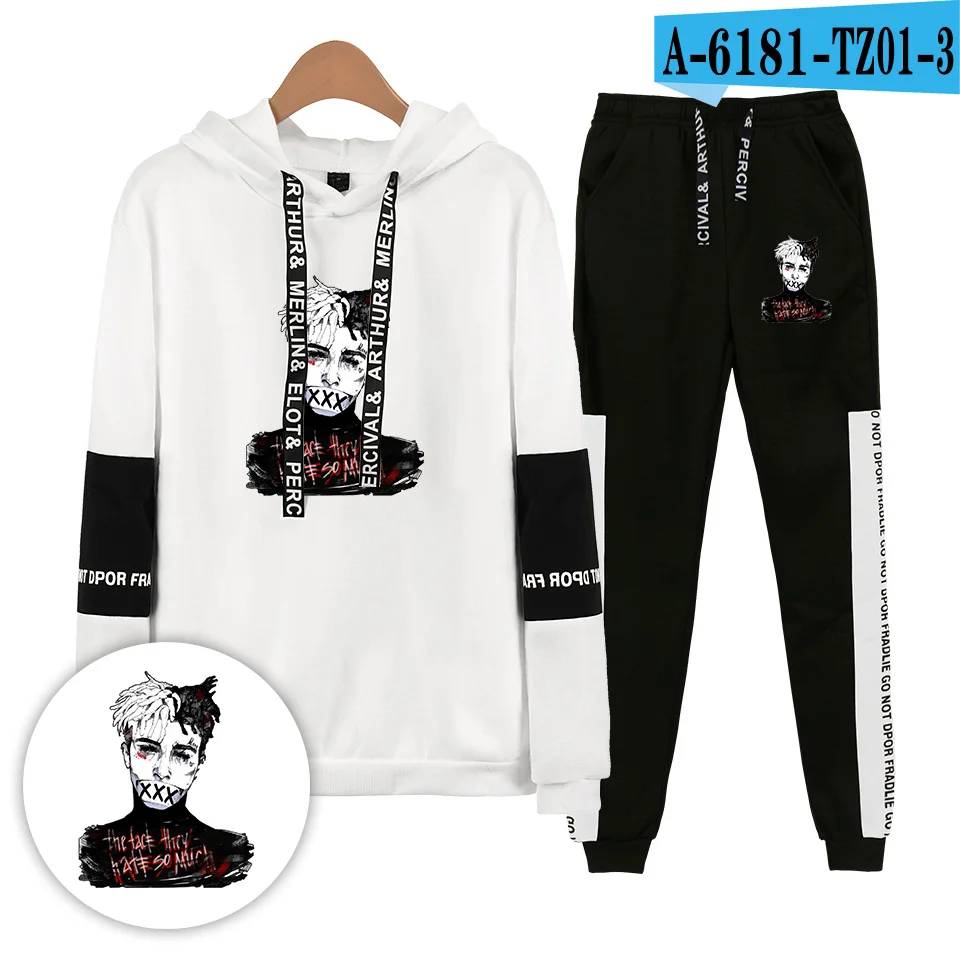 Xxxtentacion Толстовка треники для мужчин и женщин горячая Распродажа хип хоп Harajuku крутая уличная XXXTentacion костюм из двух предметов одежда - Цвет: white and black