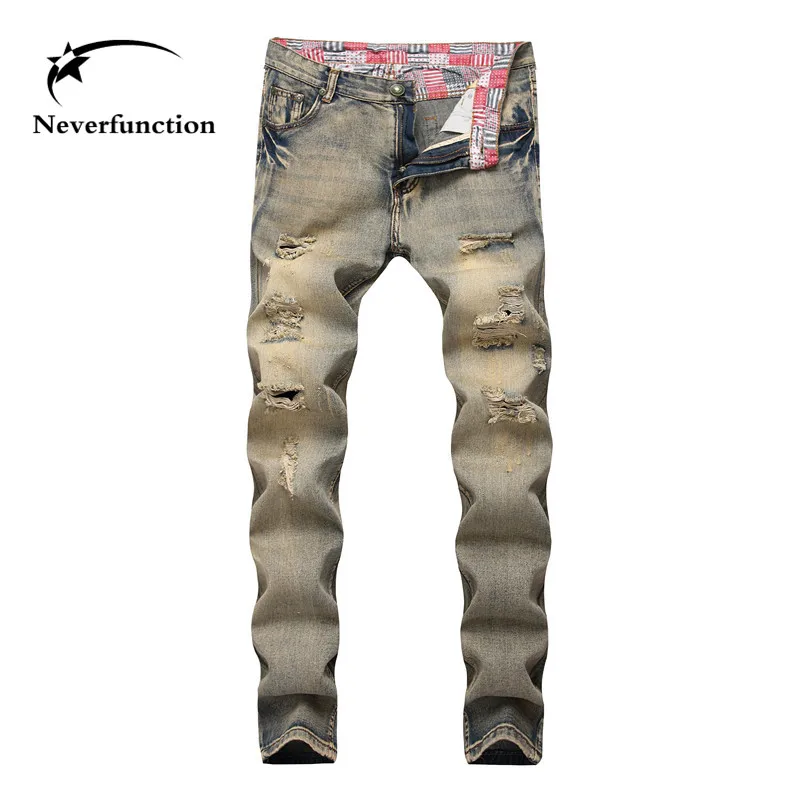 

New Distressed Ripped Men's Slim Fit Biker Jeans Motorcycle Male Streetwear Hip Hop Straight Retro Yellow Wash Denim Trousers