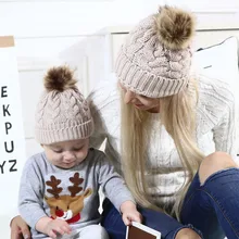 Stylish Bar 2PCS Winter Woolen Caps Set MoM+Baby Knitten Pom Bobble Hat Kids Girls Boys Warm Beanie Hats Family Matching Outfits