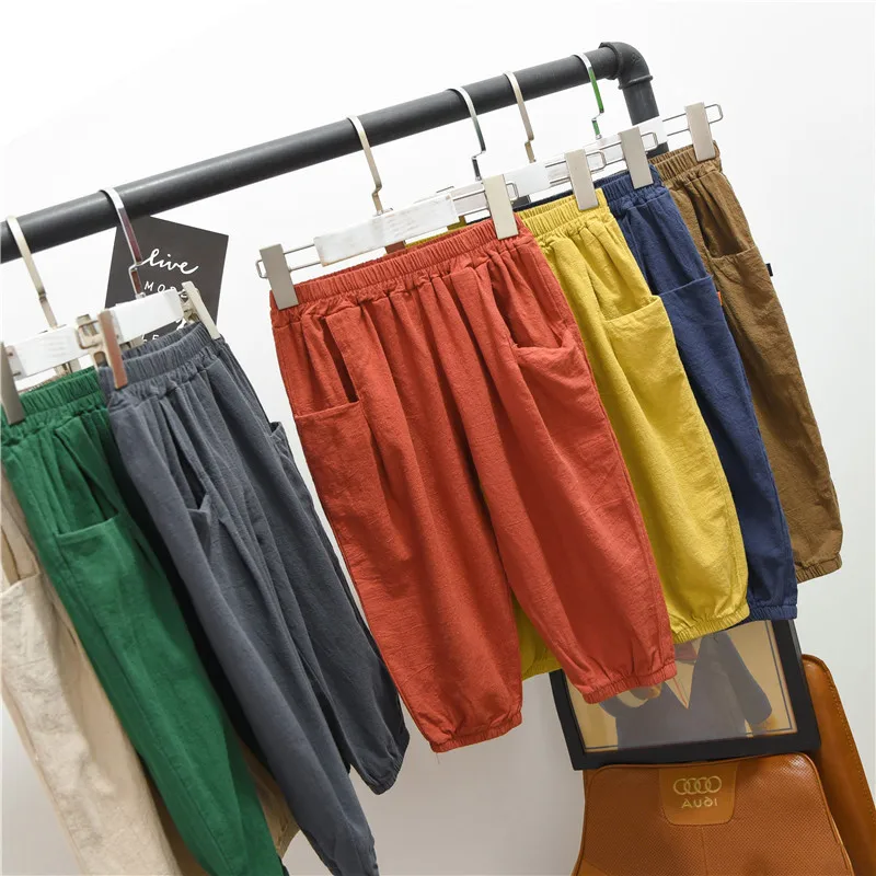 Летние противомоскитные штаны-фонарики для девочек г. Новые Летние Стильные однотонные свободные штаны-капри повседневные штаны в Корейском стиле