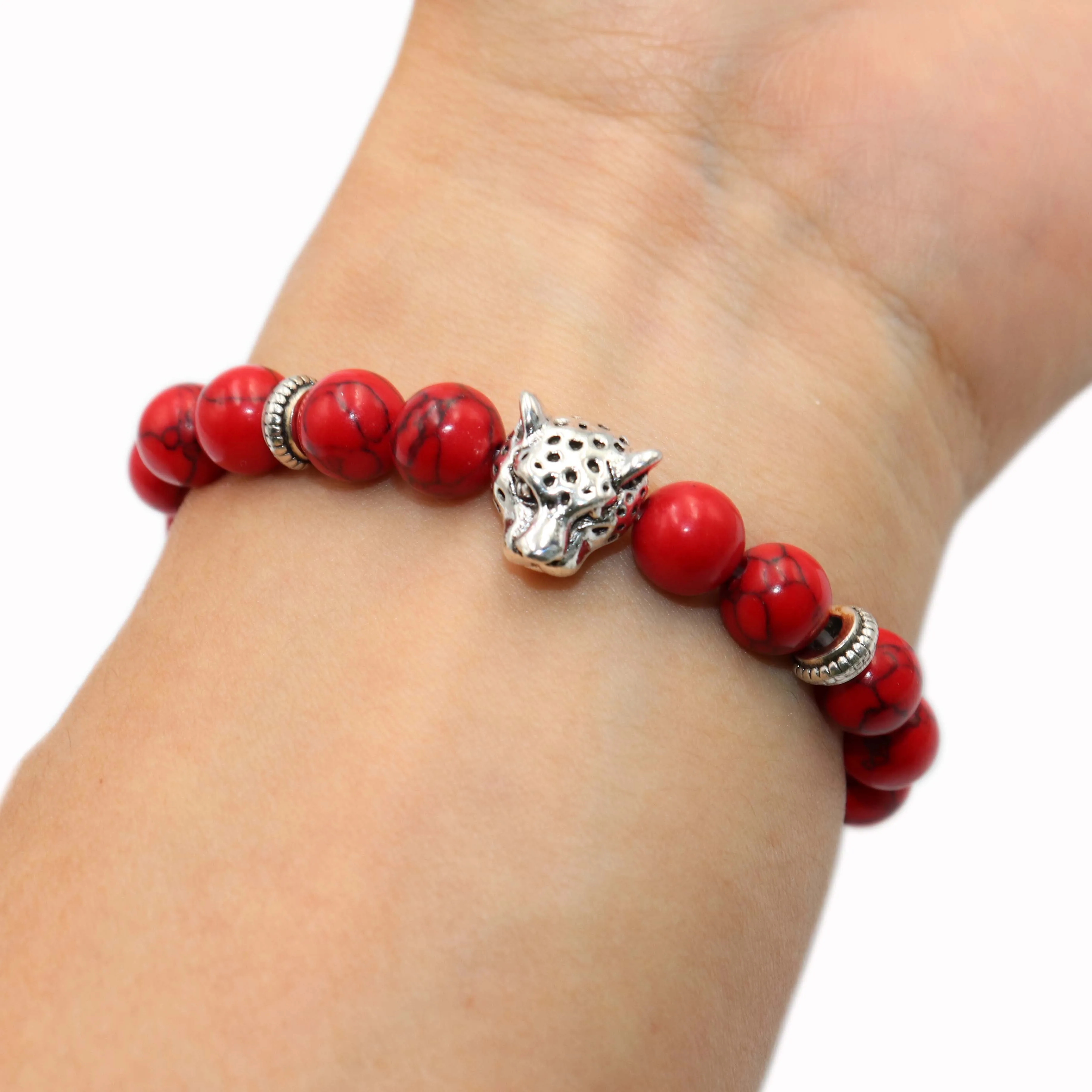 Red Turquoise Природный камень 8 мм, серебристые бусины в форме головы леопарда, браслет для мужчин и женщин, новая мода, тигровый глаз, Агаты, оникс, браслеты с лавовыми бусинами - Окраска металла: Red Turquoise