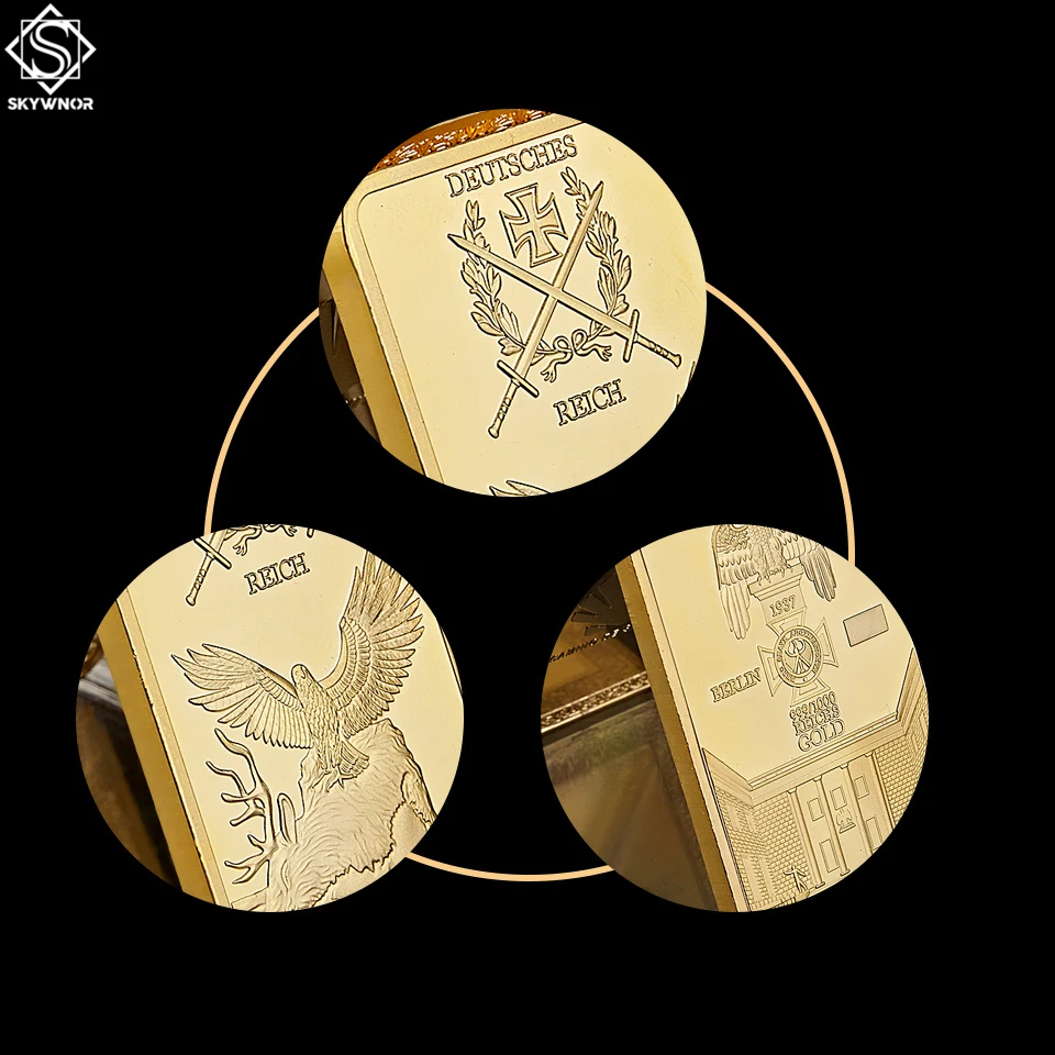 German Berlin 999/1000 Gold Reichskanzlei Hof Replica Iron Cross Bar Deutsche Reich Eagle and Deer Gold Plated Souvenir Coin