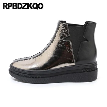 

shoes autumn booties round toe women ankle boots medium heel british short chelsea genuine leather 2019 fall size 4 metallic