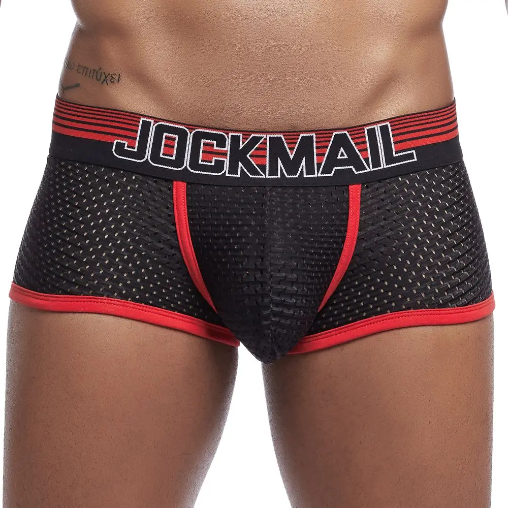 JOCKMAIL, мужские трусы, дышащие боксеры, хлопковое Сетчатое Мужское нижнее белье, u-образный выпуклый мешочек, сексуальные трусы, набивные листья, домашняя одежда, шорты - Цвет: 443 RED