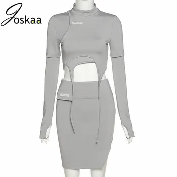 

Joskaa solid patchwork round Neck Short Sleeve letter Slim-Fit Top High Waist Hip irregular split Skirt Suit women two-piece set