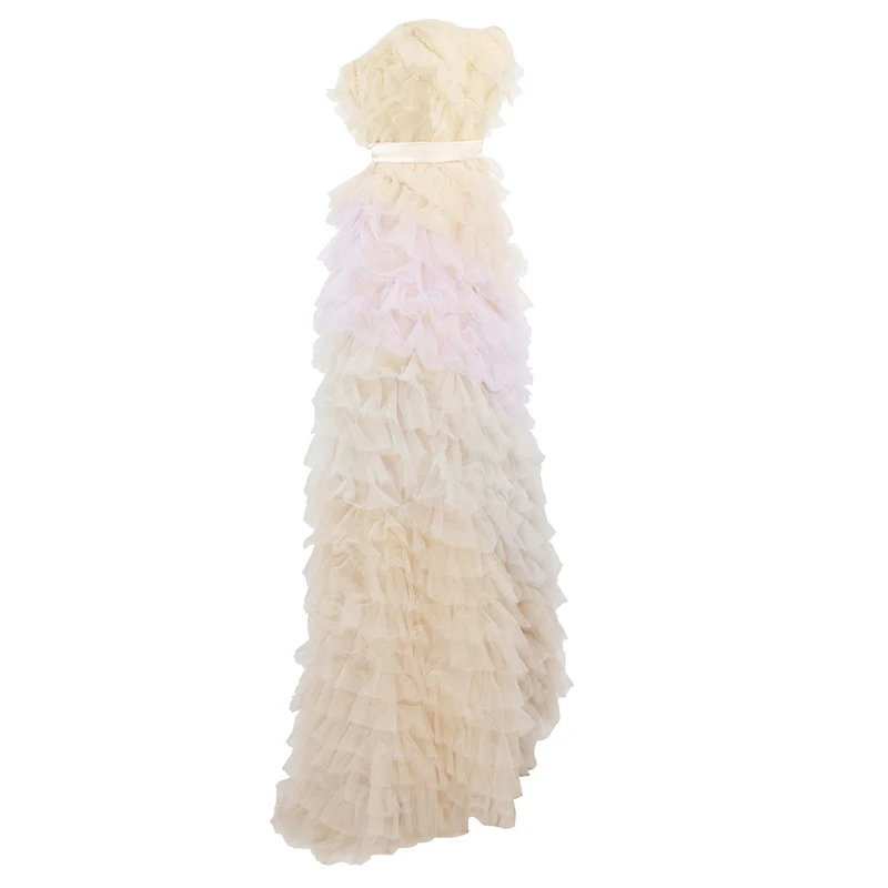 Summer Hot New Trendy Sexy Strapless Sleeveless Elegant Gradient Cascading Ruffles Celebrity Party Long Mesh Dress