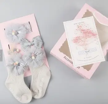 

FIT 0-2T 5pcs/set baby girls Gift Sets Bow-Tie Headband Hairpin Socks Set Hair Accessories (box+1headband+2hairpin+1socks)/SET