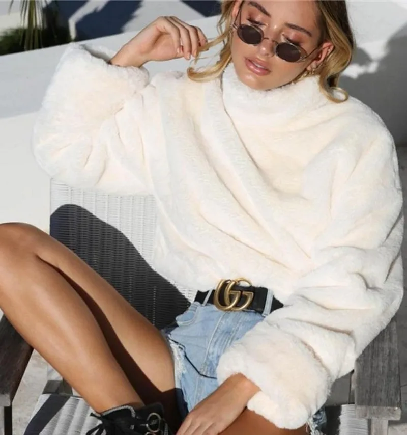 Белый плюшевый зимний свитер с высоким воротом Женский Осенний Свободный