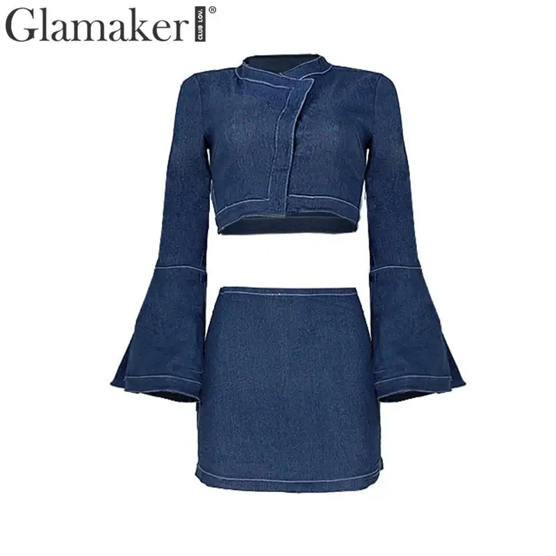 Glamaker комплект из двух предметов, короткое джинсовое платье с расклешенными рукавами, женское Синее джинсовое платье с высокой талией, сексуальное Клубное облегающее платье А-силуэта размера плюс
