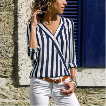 

Ladies Soft V-Neck Striped Top Women Cotton Long Sleeve Blouse