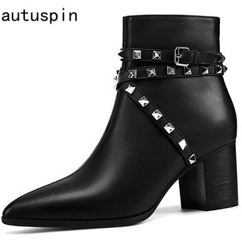 

Autuspin Fashion Women's Boots 2021 Winter Genuine Leather Pumps Female Basic Rivets Pointed Toe Thick Heel Botas Black Beige