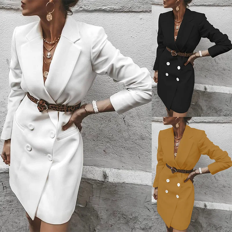 

2019 Autumn and Winter New Women's Temperament Suit Collar Long-sleeved Solid Color Suit Dress Long White Blazer Ladies Coats