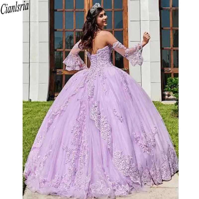 ^*Best Offers Lavendel Kant Kralen Baljurk Quinceanera Jurken Sweetheart Hals Tulle Geappliceerd Prom Jassen Met Wrap Sweep Trein Sweety 15