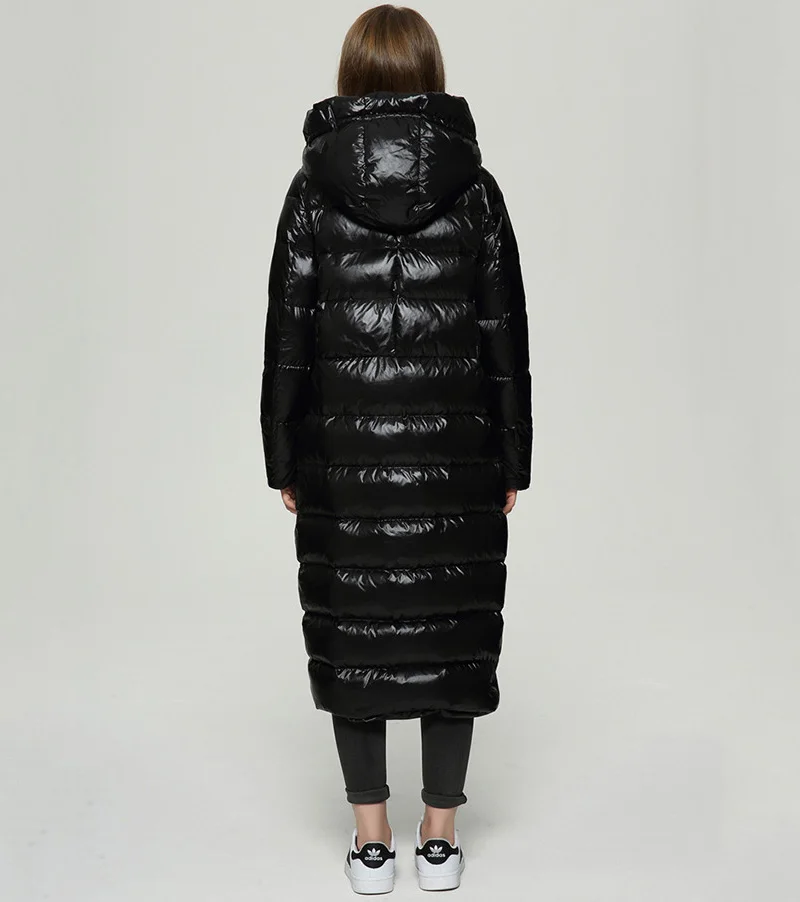 Длинная черная Женская пуховая куртка с капюшоном, толстая зимняя куртка на молнии, плюс размер, ветрозащитная зимняя куртка, 90% белый